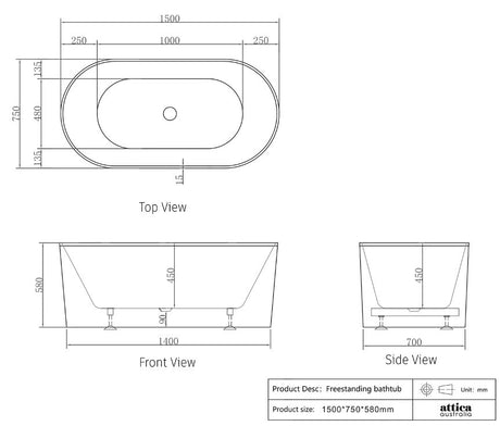 1500/1700*750/800*580mm INS OTTI Noosa Gloss/Matt White Oval Acrylic Freestanding Bathtub