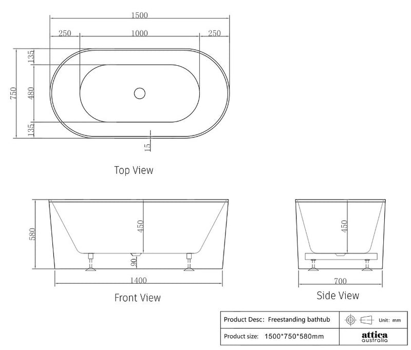 1500/1700*750/800*580mm INS OTTI Noosa Gloss/Matt White Oval Acrylic Freestanding Bathtub