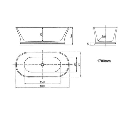 1700*800*560mm Hampton 1700 NF and Gloss White Freestanding Bathtub