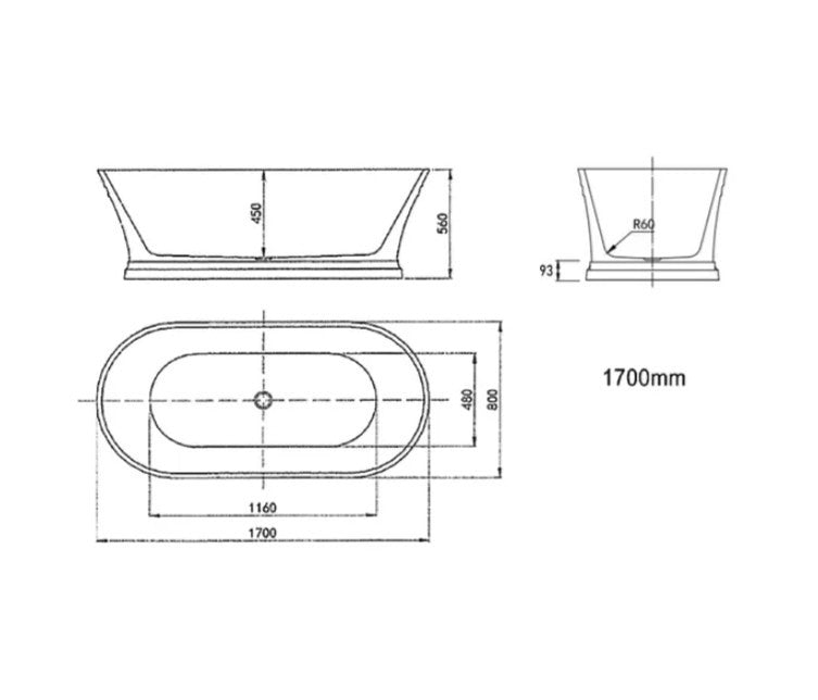 1700*800*560mm Hampton 1700 NF and Gloss White Freestanding Bathtub