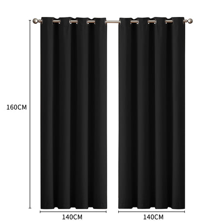 2x Blockout Curtains Panels 3 Layers Eyelet Room Darkening 140x160cm Black