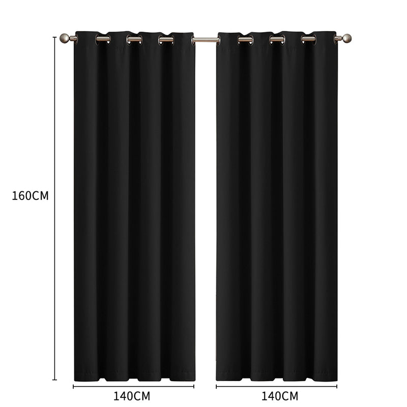 2x Blockout Curtains Panels 3 Layers Eyelet Room Darkening 140x160cm Black