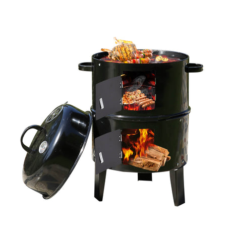 3 in 1 Charcoal Vertical Smoker BBQ Grill Roaster Portable Outdoor Steel Steamer