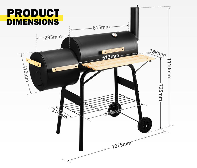 2 in 1 BBQ Smoker Charcoal Grill Roaster Portable Offset Camping Outdoor Barbecue