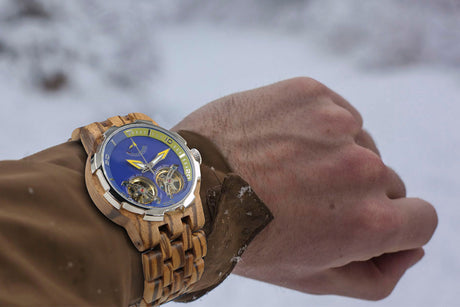 Men Dual Wheel Automatic Zebra Wood Watch