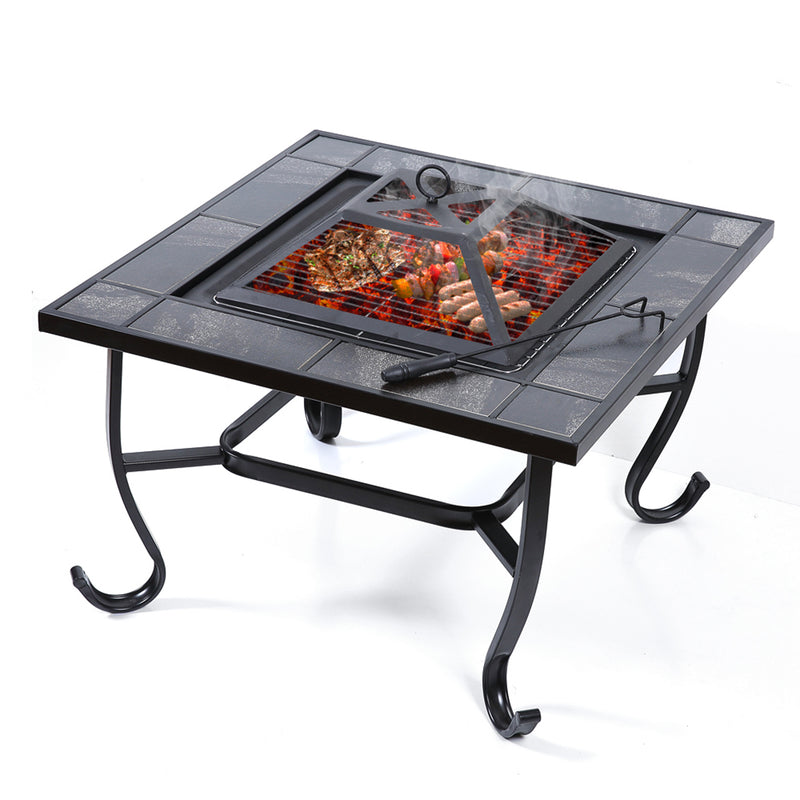 30" 3in1 Garden Steel Fire Pit Brazier Square With Tile Table BBQ Outdoor Event