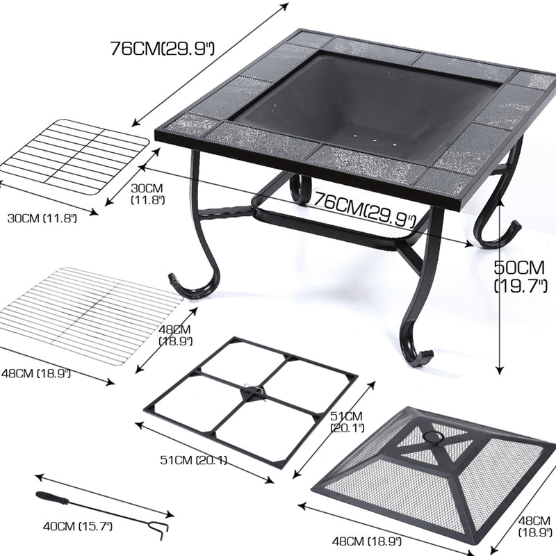 30" 3in1 Garden Steel Fire Pit Brazier Square With Tile Table BBQ Outdoor Event