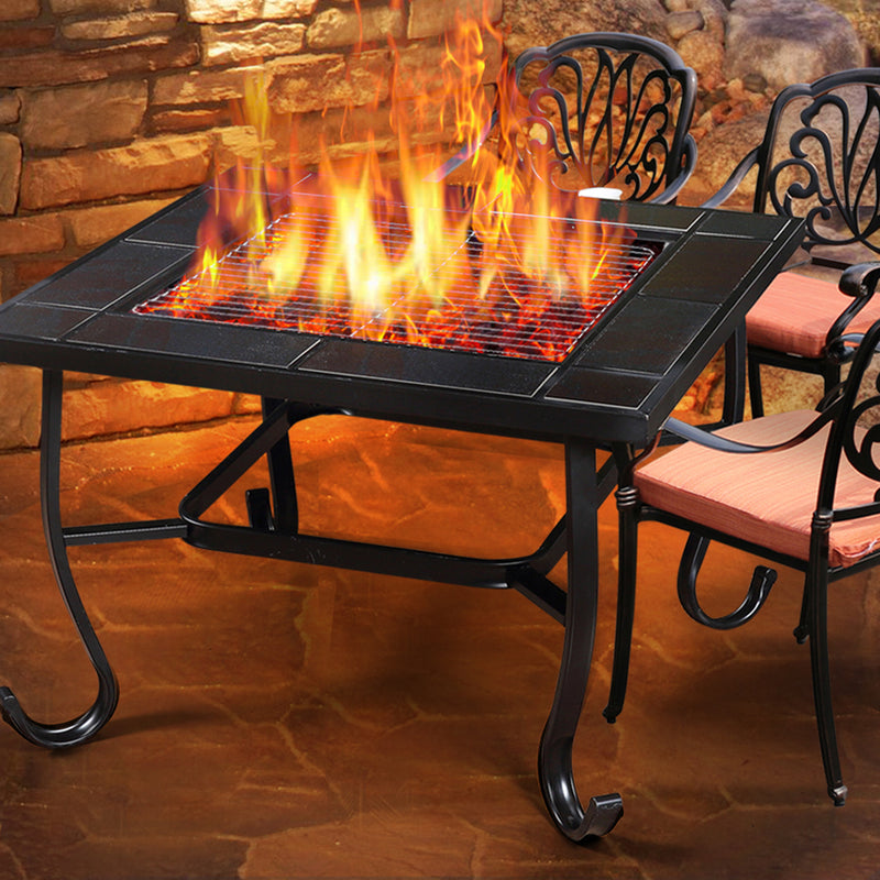 30" 3in1 Garden Steel Fire Pit Brazier Square With Tile Table BBQ Outdoor Event