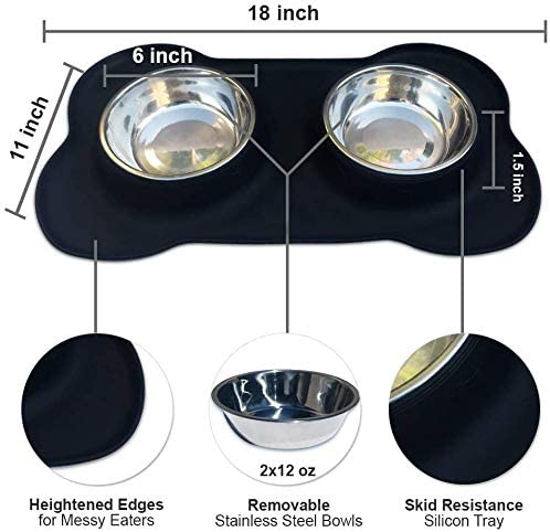 Dog Bowls Stainless Steel Dog Bowl with Non Spill Skid Resistant Silicone Mat 14/28 oz Double Pet Bowls Feeder Bowl for Dogs Cats and Pets (Medium) M (Pack of 1) Black