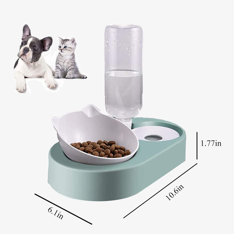 Tilted Cat Food Water Bowl,Elevated Cat Double Bowl,Angled 15°Cute Cat Feeding Bowl Set,No Spill Cat Bowl Raised Stand with Automatic Waterer Bottle,Slow Feeder Bowl for Kitten and Small Pet Dogs