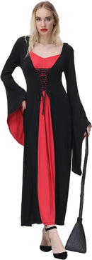 Women Hooded Robe Witch Costume Lace Up Front Halloween Cosplay Long Dresses