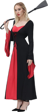 Women Hooded Robe Witch Costume Lace Up Front Halloween Cosplay Long Dresses