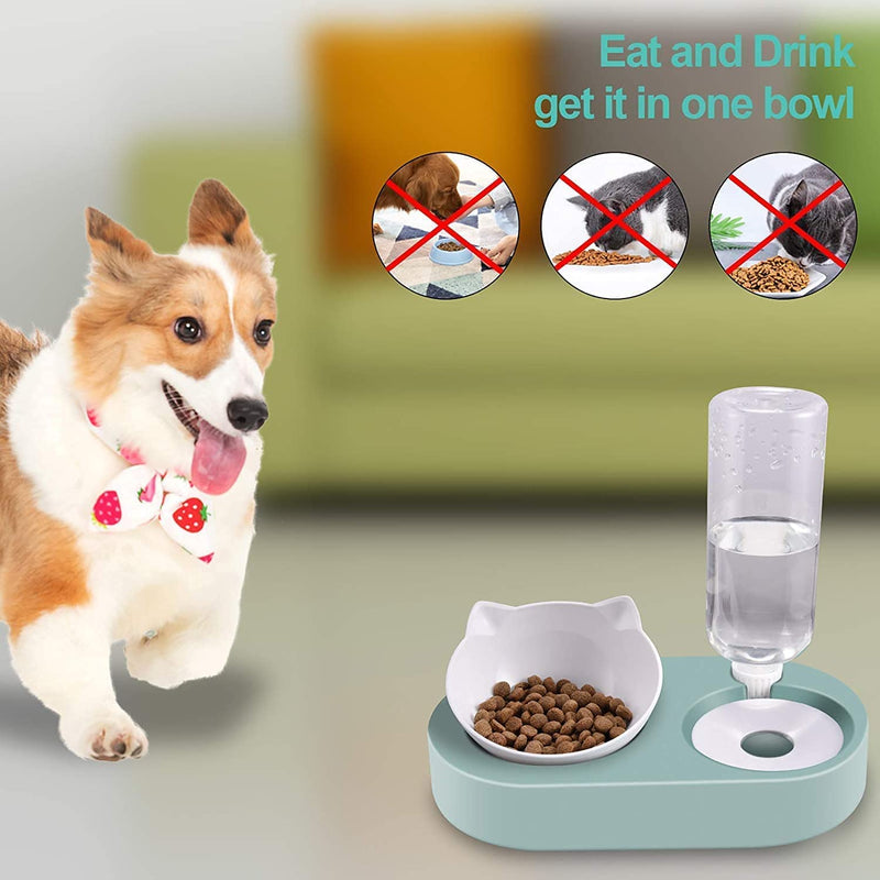 Tilted Cat Food Water Bowl,Elevated Cat Double Bowl,Angled 15°Cute Cat Feeding Bowl Set,No Spill Cat Bowl Raised Stand with Automatic Waterer Bottle,Slow Feeder Bowl for Kitten and Small Pet Dogs