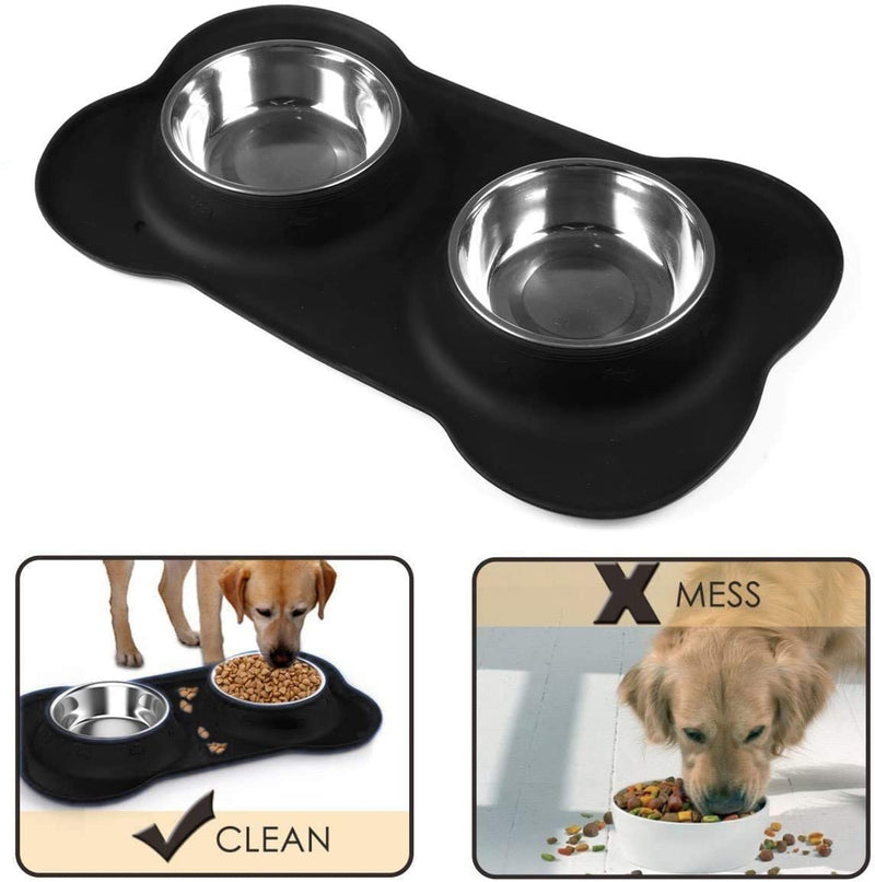 Dog Bowls Stainless Steel Dog Bowl with Non Spill Skid Resistant Silicone Mat 14/28 oz Double Pet Bowls Feeder Bowl for Dogs Cats and Pets (Medium) M (Pack of 1) Black