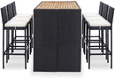 Solid Acacia Wood Outdoor Bar Set 7 Pieces with Cushions Garden Patio Backyard Porch Furniture Table and Stool Poly Rattan Black