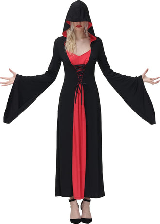 Women Hooded Robe Witch Costume Lace Up Front Halloween Cosplay Long Dresses