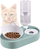 Tilted Cat Food Water Bowl,Elevated Cat Double Bowl,Angled 15°Cute Cat Feeding Bowl Set,No Spill Cat Bowl Raised Stand with Automatic Waterer Bottle,Slow Feeder Bowl for Kitten and Small Pet Dogs