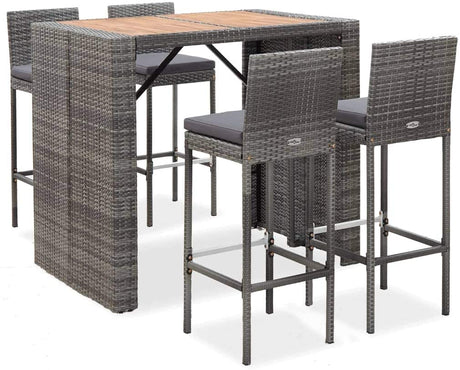 Solid Acacia Wood Outdoor Bar Set 5 Piece Garden Patio Porch Backyard Furniture Dining Bar Table Stools Seating Set Poly Rattan Grey 120 x 80 x 110 cm Grey