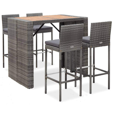 Solid Acacia Wood Outdoor Bar Set 5 Piece Garden Patio Porch Backyard Furniture Dining Bar Table Stools Seating Set Poly Rattan Grey 120 x 80 x 110 cm Grey