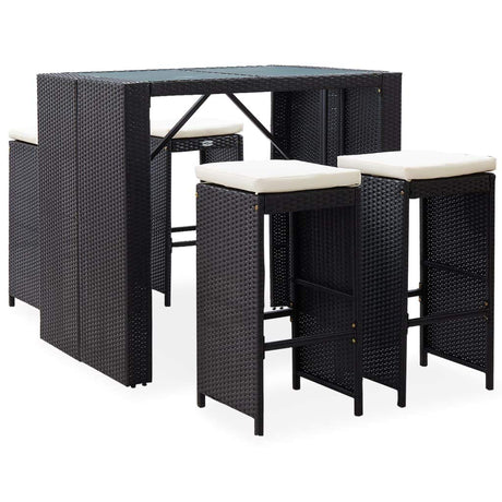 Outdoor Bar Set 5 Pieces with Cushions Garden Patio Backyard Porch Balcony Furniture Table and Stool Poly Rattan and Glass Black 5 pcs