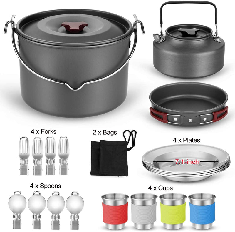 Army 22pcs Camping Cookware Mess Kit Large Size Hanging Pot Pan Kettle with Base Cook Set for 4 Cups Dishes Forks Spoons Kit for Outdoor Camping Hiking and Picnic 1 Pack 22-in-1