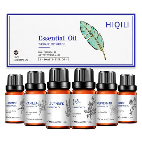 Essential Oils Set of 6-Tea Tree, Lavender, Peppermint, Vanilla, Jasmine, Rose Essential Oil Gift Set for Valentine's Day, Diffuser, Humidifiers, Skin, Hair, Massage Daily Essential