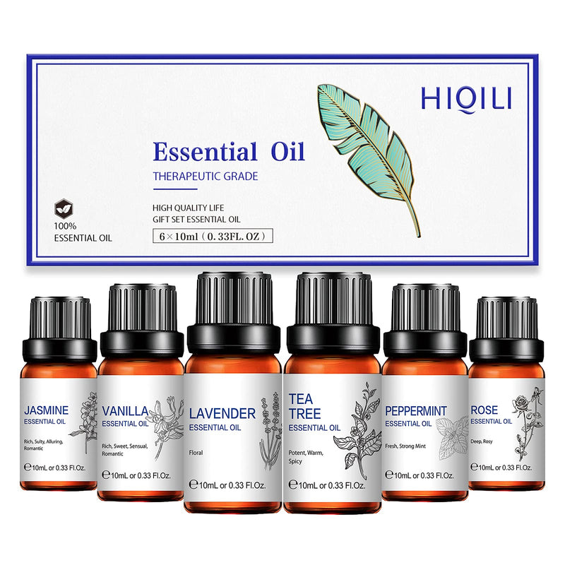 Essential Oils Set of 6-Tea Tree, Lavender, Peppermint, Vanilla, Jasmine, Rose Essential Oil Gift Set for Valentine's Day, Diffuser, Humidifiers, Skin, Hair, Massage Daily Essential