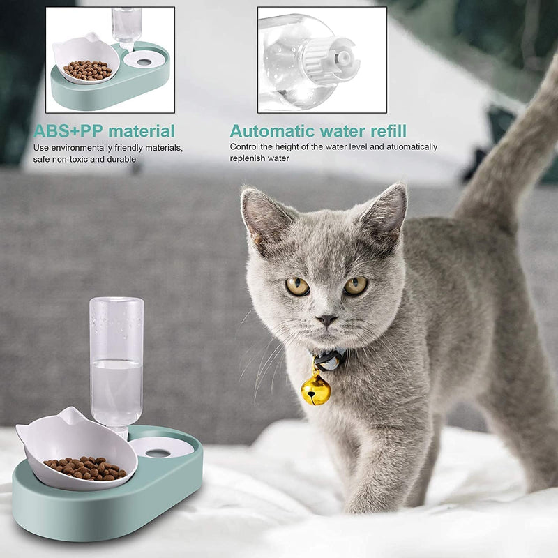 Tilted Cat Food Water Bowl,Elevated Cat Double Bowl,Angled 15°Cute Cat Feeding Bowl Set,No Spill Cat Bowl Raised Stand with Automatic Waterer Bottle,Slow Feeder Bowl for Kitten and Small Pet Dogs