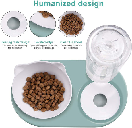 Tilted Cat Food Water Bowl,Elevated Cat Double Bowl,Angled 15°Cute Cat Feeding Bowl Set,No Spill Cat Bowl Raised Stand with Automatic Waterer Bottle,Slow Feeder Bowl for Kitten and Small Pet Dogs