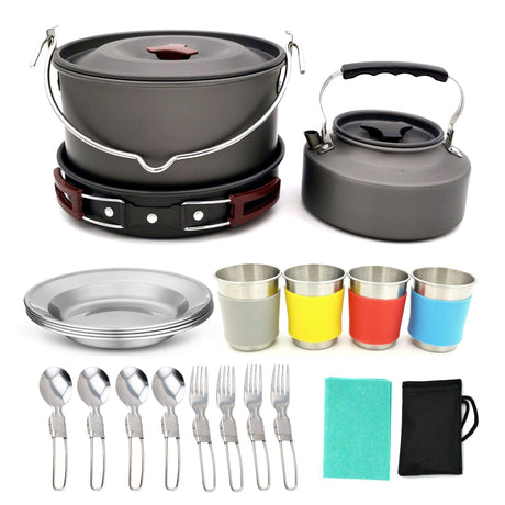 Army 22pcs Camping Cookware Mess Kit Large Size Hanging Pot Pan Kettle with Base Cook Set for 4 Cups Dishes Forks Spoons Kit for Outdoor Camping Hiking and Picnic 1 Pack 22-in-1