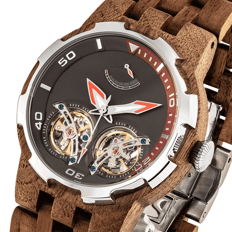 Men Dual Wheel Automatic Walnut Wood Watch