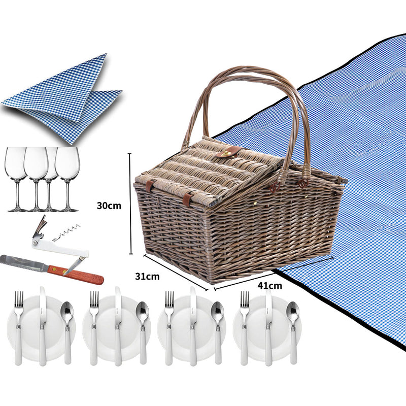 4 Person Picnic Basket Baskets Set Outdoor Blanket Wicker Deluxe Folding Handle