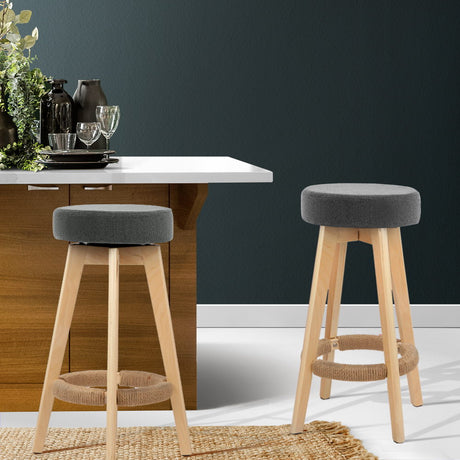 Artiss 2x Kitchen Bar Stools Wooden Bar Stool Swivel Barstools Counter Chairs 74cm Fabric Grey