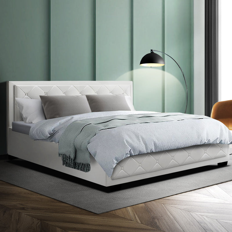 Artiss Bed Frame King Size Gas Lift Base With Storage White Leather Tiyo Collection