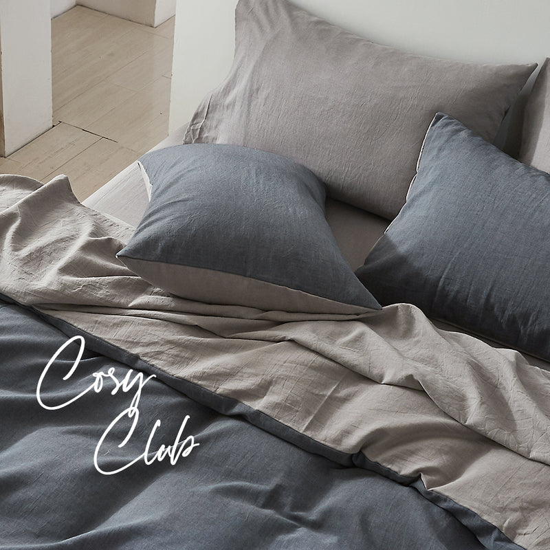 Cosy Club Quilt Cover Set Cotton Duvet King Blue Dark Grey