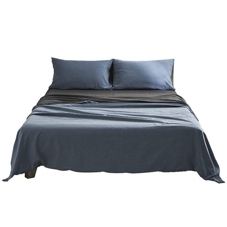 Cosy Club Sheet Set Cotton Sheets Queen Blue Dark Grey