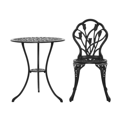 Gardeon 3PC Outdoor Setting Cast Aluminium Bistro Table Chair Patio Black