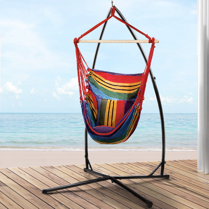 Gardeon Outdoor Hammock Chair with Steel Stand Hanging Hammock Pillow Rainbow