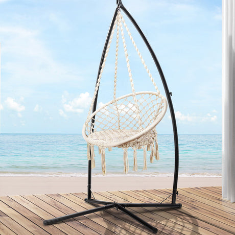 Gardeon Outdoor Hammock Chair with Steel Stand Cotton Swing Hanging 124CM Cream