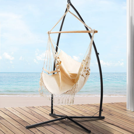 Gardeon Outdoor Hammock Chair with Steel Stand Tassel Hanging Rope Hammock Cream