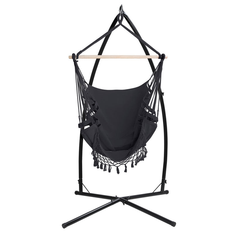 Gardeon Outdoor Hammock Chair with Steel Stand Tassel Hanging Rope Hammock Grey