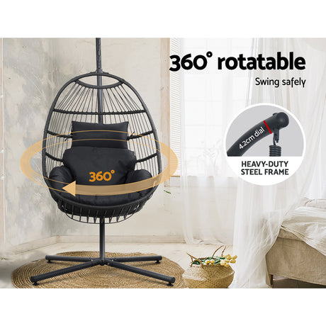 Gardeon Swing Chair Egg Hammock With Stand Outdoor Furniture Wicker Seat Black