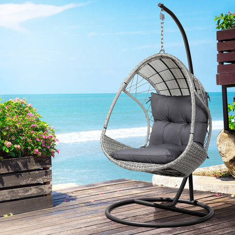 Outdoor Egg Swing Chair with Stand Cushion Wicker Armrest Light Grey