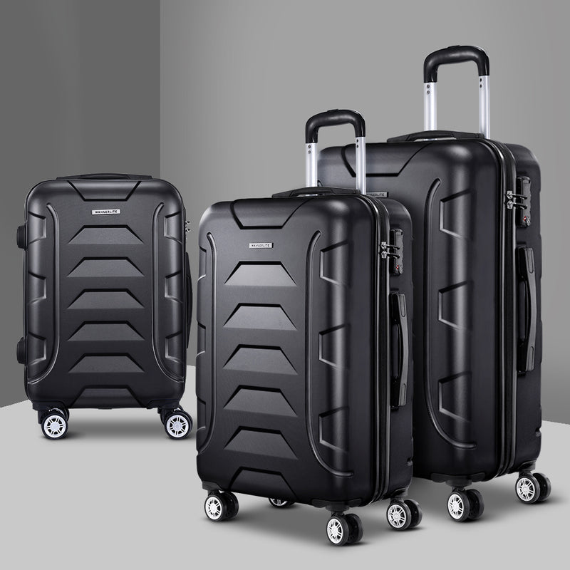 Wanderlite 3pc Luggage Travel Sets Suitcase Trolley TSA Lock Bonus Black