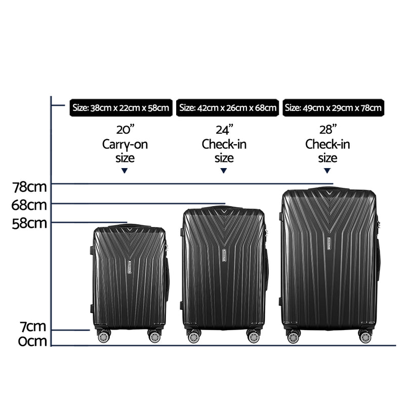 Wanderlite 3pc Luggage 20'' 24'' 28'' Trolley Suitcase Sets Travel TSA Hard Case Lightweight Black