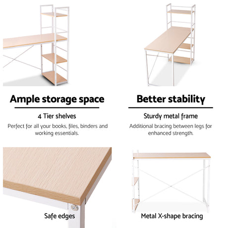 Artiss Metal Desk with Shelves - White with Oak Top