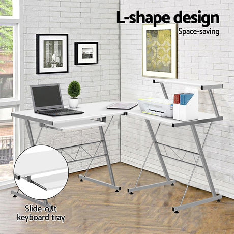 Artiss Corner Metal Pull Out Table Desk - White