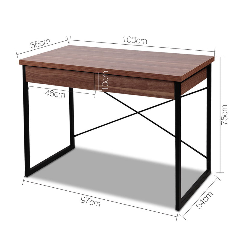 Artiss Metal Desk with Drawer - Walnut