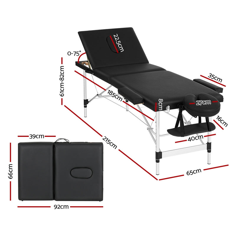 Zenses Massage Table 65CM Width 3 Fold Aluminium Portable Beauty Bed Black