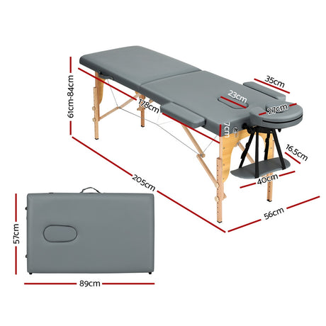 Zenses Massage Table 56CM Width 2Fold Portable Wooden Therapy Beauty Bed Grey